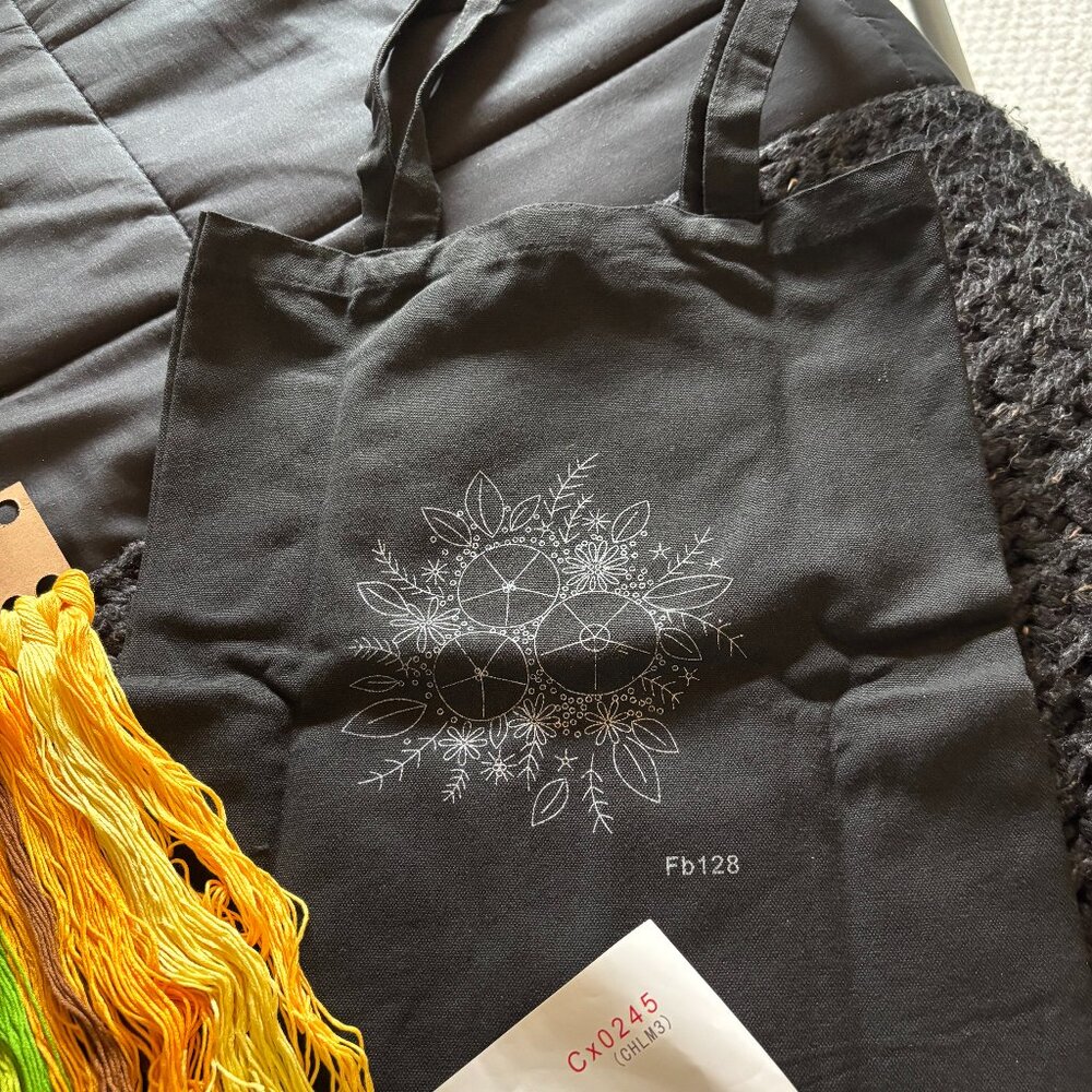 New needlepoint kit. Includes black bag, 2 rings, thread, instructions. New .